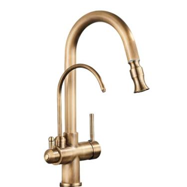 Imagem de Filtro de água Torneira de cozinha 2 em 1 Bronze antigo Puxe para fora Cozinha Purificação Guindaste 2 maneiras Torneira misturadora giratória, Bronze antigo A