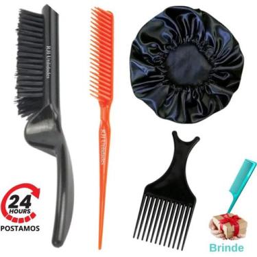Imagem de Kit Escova de Cabelo 5 Fileiras + Pente 3 Fileiras Fitagem + Touca de 