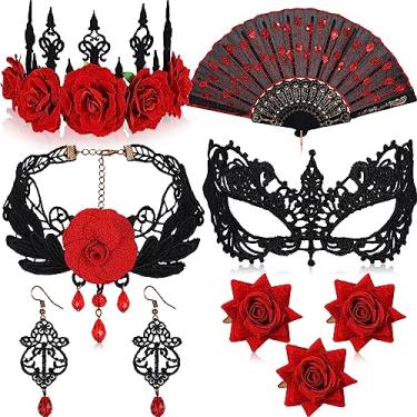 Imagem de 8 peças de acessórios de flamenco de flor de rosa de Halloween colar de vampiro coroa de rosa bordado tecido de lantejoulas dobrável ventilador de mão 3 flores rosas clipe de cabelo máscara brincos de renda para meninas mulheres festa à fantasia, liga, renda, strass, lantejoulas e plástico, Sem Pedr
