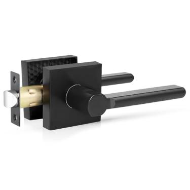 Imagem de RAZCC Puxadores de porta de passagem, 1 pacote de maçanetas internas quadradas pretas para corredor e armário, alavancas de porta sem chave resistentes que não travam, reversíveis para porta do lado