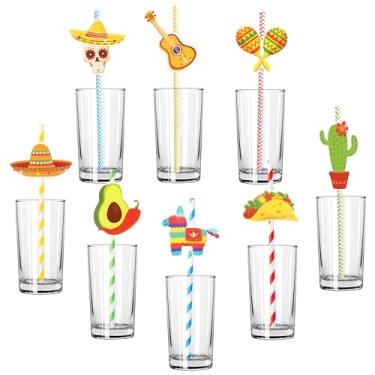 Imagem de WATINC Canudos de papel Fiesta 80 peças, canudos listrados de cor arco-íris para decoração de festa temática mexicana, suprimentos de festa cinco de maio fiesta, decoração de canudos de papel para festa de aniversário tropical de verão