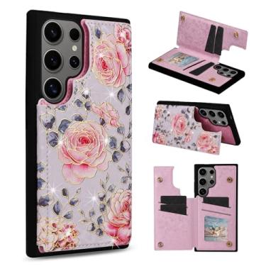 Imagem de UEEBAI Capa carteira para Samsung Galaxy S25 Ultra 5G com porta-cartões, capa de couro PU com suporte e bloqueio de RFID fecho magnético duplo Rilievo Flower Flip Case para mulheres e meninas - Rosa