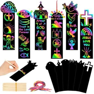 Imagem de AUGSUN 96 peças de artesanato religioso de Páscoa para crianças, arte de arranhão, cores de arco-íris, marcadores cristãos, presentes religiosos para crianças, raspadinhas, cruz, igreja, igreja, kits
