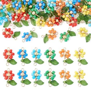 Imagem de Beadthoven 36 berloques de flores conector pingentes coloridos pingentes de girassol contas de semente de vidro folha verde fio dourado embrulhado pequenas contas de flores para fazer joias,