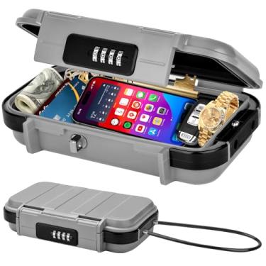 Imagem de TNIIFXC Cofre portátil para viagem, mini cofre com combinação de 4 dígitos, cofre antifurto de segurança de praia à prova d'água, pequena caixa com trava com corda de arame removível para dormitório,