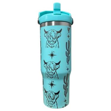 Imagem de Silva lining designing Garrafa de água de vaca Highland - Copo de vaca ocidental - Isolado, 850 g com alça - Copo para escola (Menta (61)-vaca Highland (R))