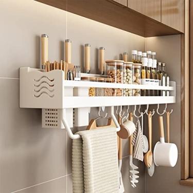 Imagem de Prateleira para utensílios de parede multifuncional espaço alumínio suporte para utensílios de cozinha armazenamento de facas palitos duplos banheira organizador de especiarias com ganchos (branco