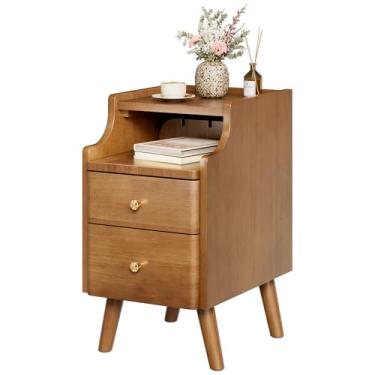 Imagem de Mesa de cabeceira estreita, mesa de cabeceira de madeira maciça com 2 gavetas, mesa de cabeceira moderna de nogueira de meados do século, pequena mesa ao lado com prateleira de armazenamento aberta