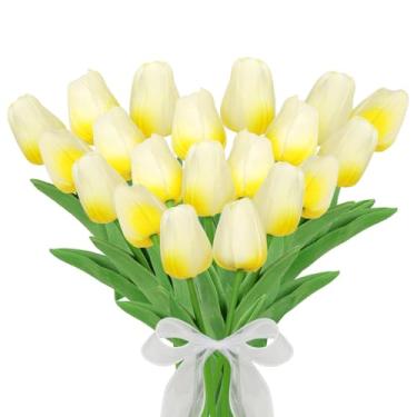 Imagem de DOVORSY 20 peças de buquê de flores artificiais de poliuretano, simulação de tulipas de poliuretano, buquê de flores de látex, 34,8 cm, para decoração de dia das mães, casa, escritório, casamento