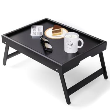 Imagem de Bandeja de cama de bambu com pernas dobráveis, bandeja de café da manhã, mesa de laptop leve para comer, ler, trabalhar na cama ou sofá – mesa de colo portátil com alças, perfeita para casa - preta