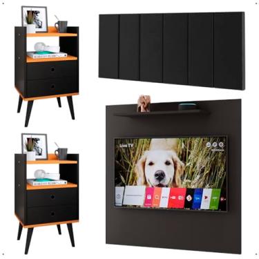 Imagem de Kit 2 Mesinhas Gavetas Painel Preto/Cinamomo Tv 32 Polegadas Prateleira Cabeceira Suede Almofadada Cama Box King Size 1,95 - Lojas RPM