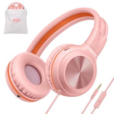 Imagem de SIMOLIO Fones de ouvido com fio para meninas com microfone e controle de volume, 85dB 94dB 104dB Volume Limitado Dobrável Leve com Tomada Compartilhada e Bolsa para Celulares Tablets, Smartphones, Chromebook Laptop PC