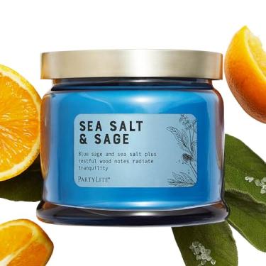 Imagem de PartyLite Sal marinho e aroma de sálvia, notas de ar salgado, sálvia encharcada no mar, madeira flutuante, coco e sândalo, vela de 374 g, frasco de 3 pavios, tempo de queima de 45 horas, fragrância