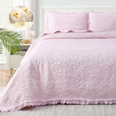 Imagem de Uspring Conjunto de cama king size com enchimento de fibra de soja rosa e babados florais, 3 peças, colcha de cama macia e leve de microfibra lavada com pedra para todas as estações, 246 x 266 cm