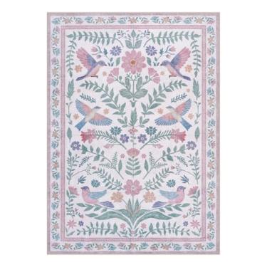 Imagem de LIVEBOX Tapete floral 12 x 18 cm lavável boho floral pássaros, tapete antiderrapante para sala de estar, quarto, quarto de bebê, tapetes macios de animais fofos para crianças, meninas, bebês - rosa