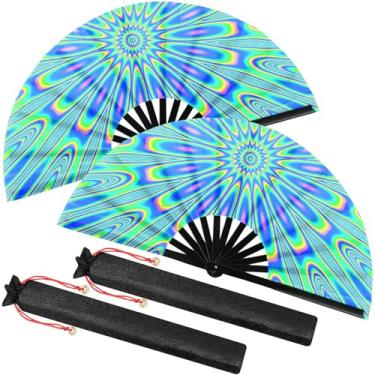 Imagem de Boao 2 peças de leques de mão dobráveis grandes para homens e mulheres Fã de festival chinês dobrável UV Glow Fan com bolsas para dança em linha, kungfu, festa de festival de música, discoteca