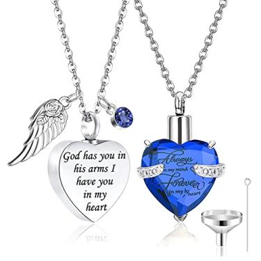 Imagem de WEIKUI Colar com pingente de pedra do mês de nascimento em 12 cores, joia de cristal com asas de anjo, urna de cremação de aço inoxidável, joia em forma de coração, joia memorial - Always in my heart - 2 peças, Metal, Sem pedras preciosas