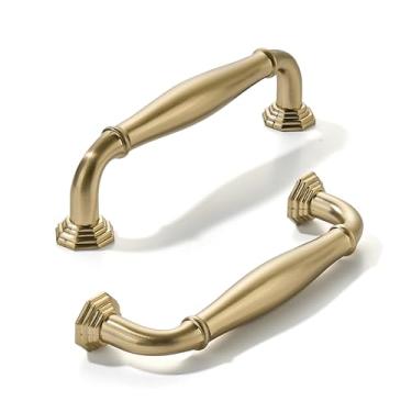 Imagem de khtumeware Pacote com 2 puxadores de armário de latão escovado 3-3/4 polegadas (96 mm) puxadores de armário dourados quentes ferragens sólidas para armário puxadores de gaveta puxador de cômoda