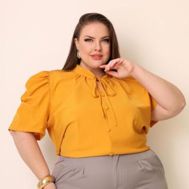 Imagem de Blusa Feminina Plus Size Gola Lacinho Manga Curta Com Botoes - Look Mo