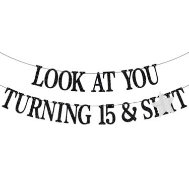 Imagem de Faixa de feliz aniversário de 15 anos, Cheers to 15 anos, nível 15, adolescentes, meninos, meninas, decorações engraçadas de festa de 15 anos, presentes de pano de fundo, glitter preto
