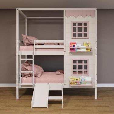 Imagem de Beliche Casinha Reta 2 Janelas Escorregador Branco Rosa - Housin