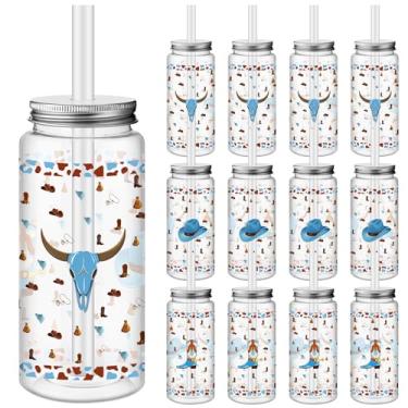 Imagem de Skylety 12 peças de copos de plástico caubói ocidental para festa com canudo e tampa, 13 copos reutilizáveis de 142 g, recipientes coloridos transparentes para sucos, bebidas, decorações de festa de