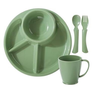 Imagem de Pratos Divisórias Para Crianças | Pratos Divisórios para Alimentação Estudantil | Tabuleiro Oval com 4 Divisórias Incluindo Garfo Colher e Copo de Água para Frutas Legumes Carne Sobremesa