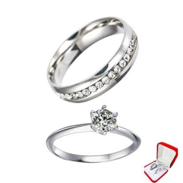 Imagem de Anel Compromisso Prata 6mm Friso Pedra Branca Zirconia + Anel 2mm Prat