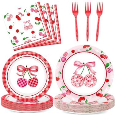 Imagem de 96 peças de pratos de bola de discoteca e guardanapos para decorações de festa de cereja laço rosa cerejas bola de discoteca descartáveis pratos de papel de sobremesa para casamento, chá de bebê