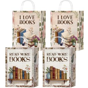 Imagem de Wxiben Decorações de festa com tema de livro - 16 peças de sacolas de lembrancinhas de festa do clube do livro, sacos de papel de embrulho de doces de flores vintage com alças, suprimentos de