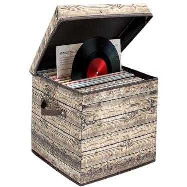 Imagem de Livememory Vinly Caixa de armazenamento de discos para mais de 75 LPs únicos (30,5 cm) - Caixa dobrável para álbuns com tampa e alças, suporte de disco de vinil de 33 x 33 cm x 33 cm