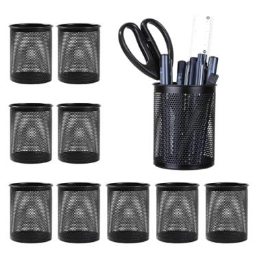 Imagem de Comix Suporte de caneta de malha para mesa, organizador de lápis de metal, copo redondo preto para escritório, escola, pacote com 10