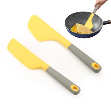 Imagem de Diakey Pacote com 2 espátulas de silicone para ovos, cabeça larga + cabeça longa, espátula de omelete de borracha, boa aderência, resistente ao calor para pizza de panqueca, amarelo