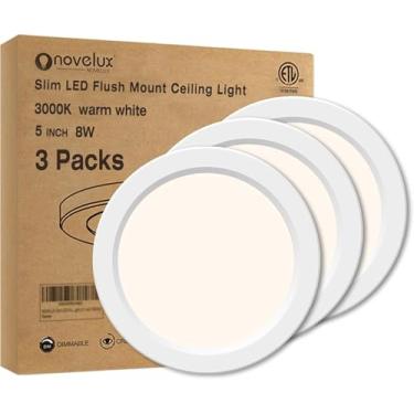 Imagem de NOVELUX Luminária de teto de montagem embutida - Certificação ETL - LED branco quente de 12 cm regulável de 3000 K, design redondo ultrafino de 0,63 polegadas para quarto, banheiro, cozinha, corredor