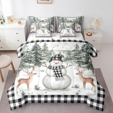 Imagem de Homewish Conjunto de edredom infantil com boneco de neve de Natal, tamanho solteiro, floco de neve, inverno, pinheiros, veado, reversível, decoração de cabana de Natal, grade rústica, geométrico