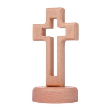 Imagem de Baoblaze Cruz de mesa com base de madeira em suporte para decoração de gabinete de capela de Páscoa, Base Redonda
