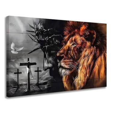 Imagem de Quadro Decorativo Religioso Jesus Cristo Cruz e Leão da Tribo de Judá 