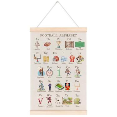 Imagem de laveliabel Moldura de pôster de berçário do alfabeto de futebol, decoração de quarto de infância, pôster de faixa esportiva de futebol com cabide de madeira, decoração de arte de parede educacional