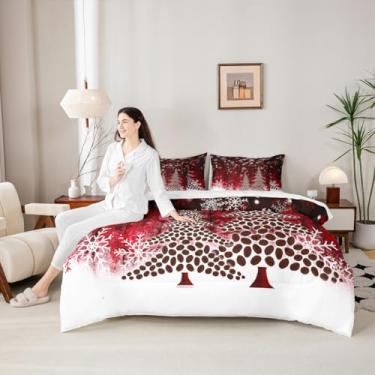 Imagem de Conjunto de cama Queen com árvore de Natal, 7 peças, flocos de neve, decoração de Natal para meninas, meninos, marrom e vermelho (com elástico + lençol + 2 fronhas + 2 fronhas + 2 fronhas)