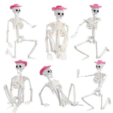Imagem de Pinkunn 6 peças de esqueleto de Halloween de 41 cm com chapéu de cowboy rosa mini esqueletos de plástico decorações para jardins, cemitérios, casas assombradas, varandas e festas de Halloween