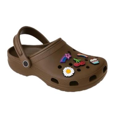 Imagem de Sandália Feminina Babuche Clog em EVA, Design Anatômico, com Acessórios Decorativos PINS, Antiderrapante, Confortável (Marrom, BR, Adulto, Faixa Numérico, 37, 38)