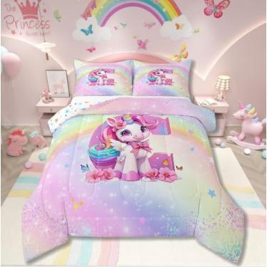 Imagem de Jogo de cama Queen Size para meninas, arco-íris, rosa, unicórnio fofo, reversível, galáxia, estrelas, edredom com letra C do alfabeto, para adolescentes, crianças, desenho animado, unicórnio