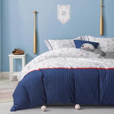 Imagem de Simple&Opulence Capa de edredom 100% algodão orgânico para crianças, 4 peças, capa de edredom macia com fecho de zíper, conjunto de cama para meninos com estampa de beisebol, casal/queen