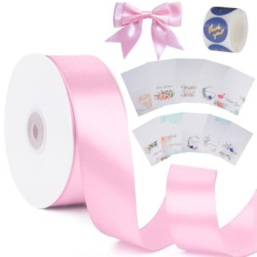 Imagem de Fita de cetim rosa sólida de 3,8 cm com cartões de agradecimento e adesivos, fita de 50 metros para buquê de laços, embrulho de presente, casamento, arranjo floral, decorações de Natal