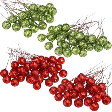 Imagem de BBTO Bagas de azevinho artificiais, 100 peças mini 10 mm decoração de frutas falsas em arame para decoração de árvore de Natal, guirlanda de flores faça você mesmo (vermelho, verde)