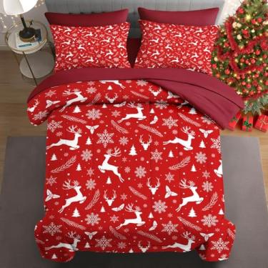 Imagem de WeCozy Jogo de edredom de Natal King Size com 2 fronhas e 2 fronhas, lençol com elástico e lençol de cima com 7 peças, branco engraçado, rena e floco de neve de inverno para crianças e adultos