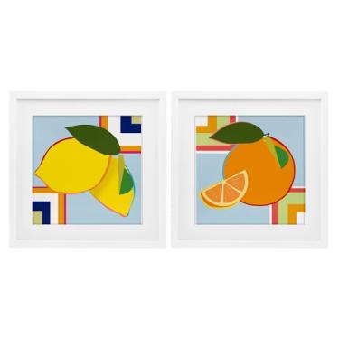 Imagem de Stupell Industries Conjunto geométrico de 2 peças de impressão emoldurada branca de frutas cítricas, design de Daniela Santiago, 40,6 x 40,6 cm