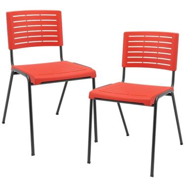 Imagem de Kit 02 Cadeiras Empilhável Fixa Escritório Multiuso Base Preta Kimi P03 Vermelho - Lyam Decor