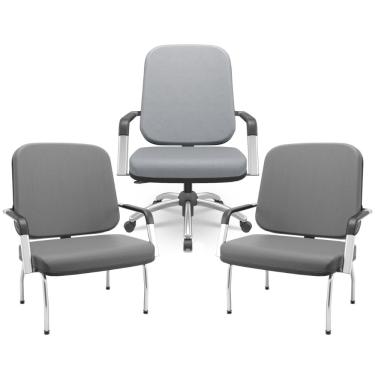Imagem de Kit Cadeira de Escritório Giratória e 2 Cadeiras Fixas Cromada Magno P03 Vinil Cinza - Lyam Decor