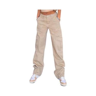 Imagem de Calça cargo feminina de cintura alta elástica cáqui - Lightbek Officia